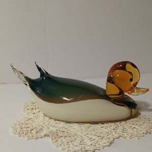 Murano Glass Duck Figurine - Green and Amber